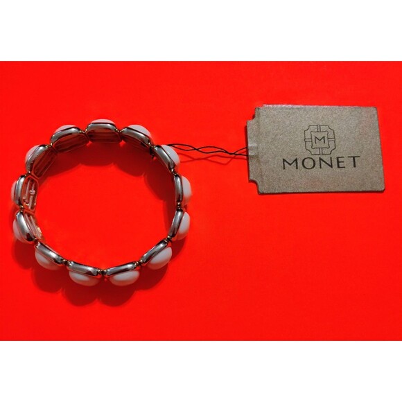 Monet Bangle Bracelet Eggshell Resin Gold Tone Metal Fashion Jewelry Stretchy x1 - Picture 3 of 11